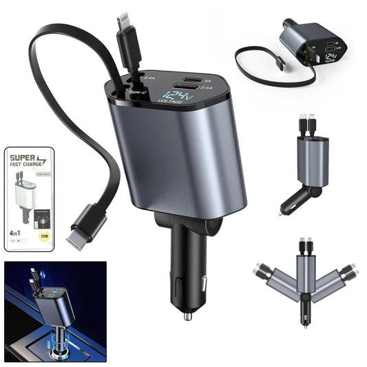 4-in-1 Super Fast Car Charger with Dual Built-In Cables, Dual USB Ports