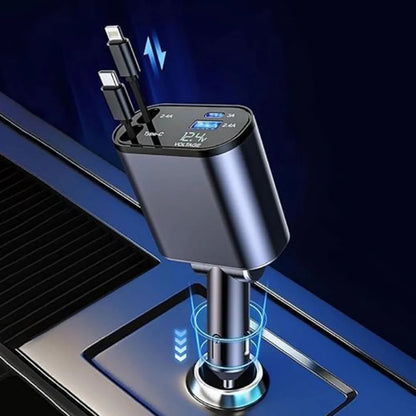 4-in-1 Super Fast Car Charger with Dual Built-In Cables, Dual USB Ports