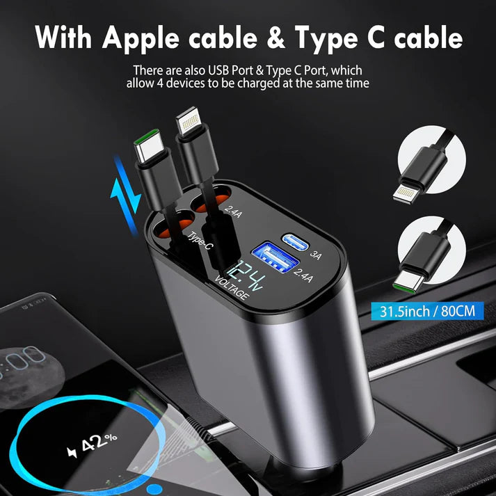 4-in-1 Super Fast Car Charger with Dual Built-In Cables, Dual USB Ports